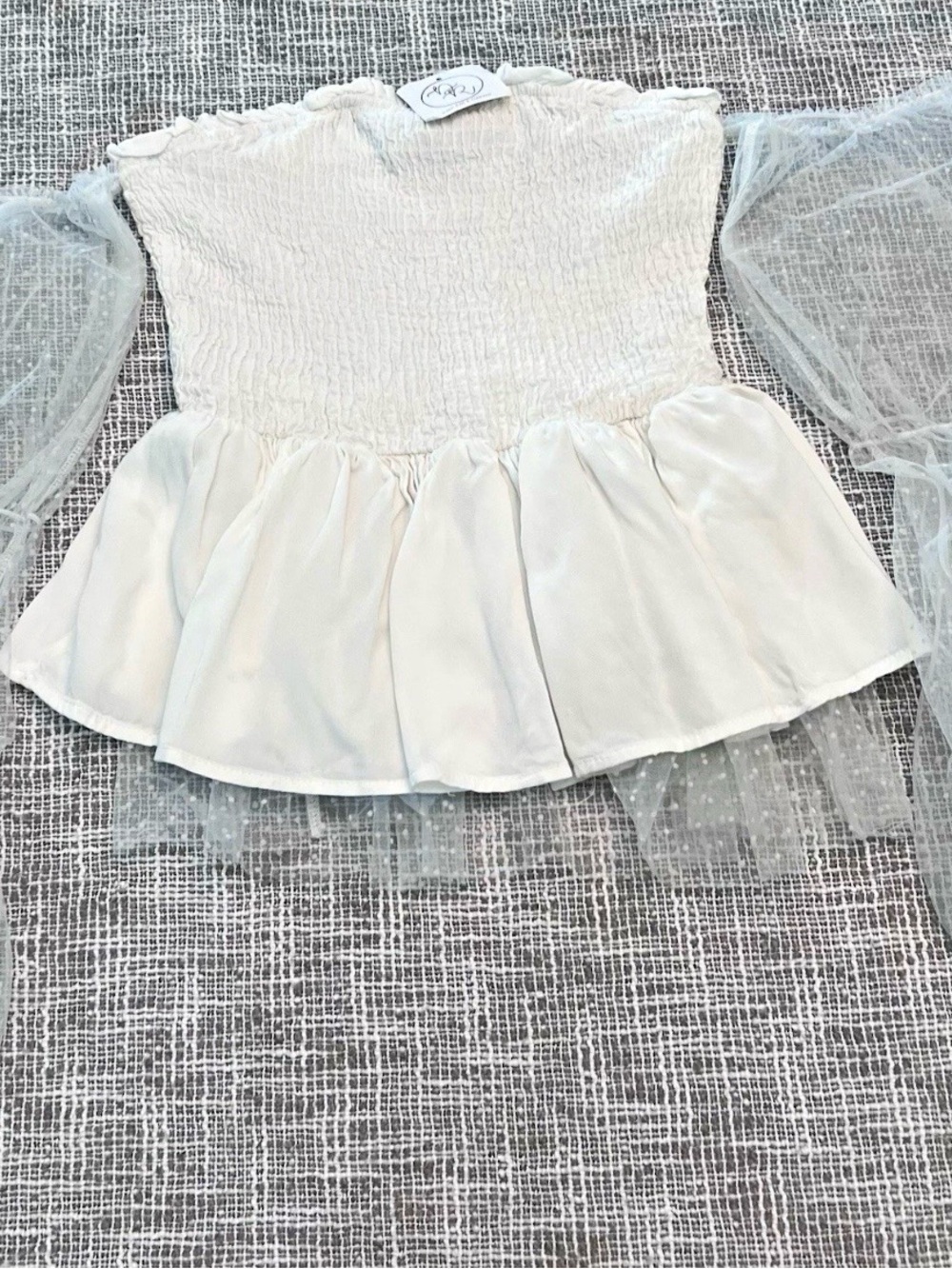 ANDREE BY UNIT White Smocked Peplum Blouse with Sheer Dot Sleeves